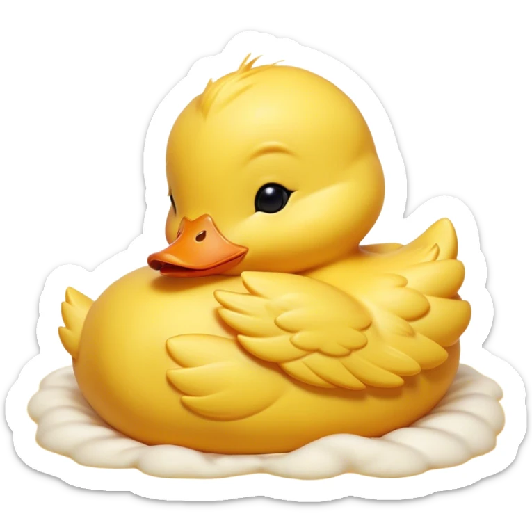 Meme-Worthy Cute Sleeping Yellow Baby Duck Portrait Emoji, Head resting peacefully with a contented smile, showcasing a delightfully tiny build and a luxuriously soft bright yellow downy coat, eyes shut in a serene, restful nap, Simplified yet hilariously adorable features, highly detailed, glowing with a soft, drowsy light, high shine, relaxed and utterly lovable, stylized with an air of playful laziness, bright and heartwarming, soft glowing outline, capturing the essence of a comically sleepy duckling, so meme-worthy it feels like it could instantly become the next viral sensation of adorable slumber! sticker