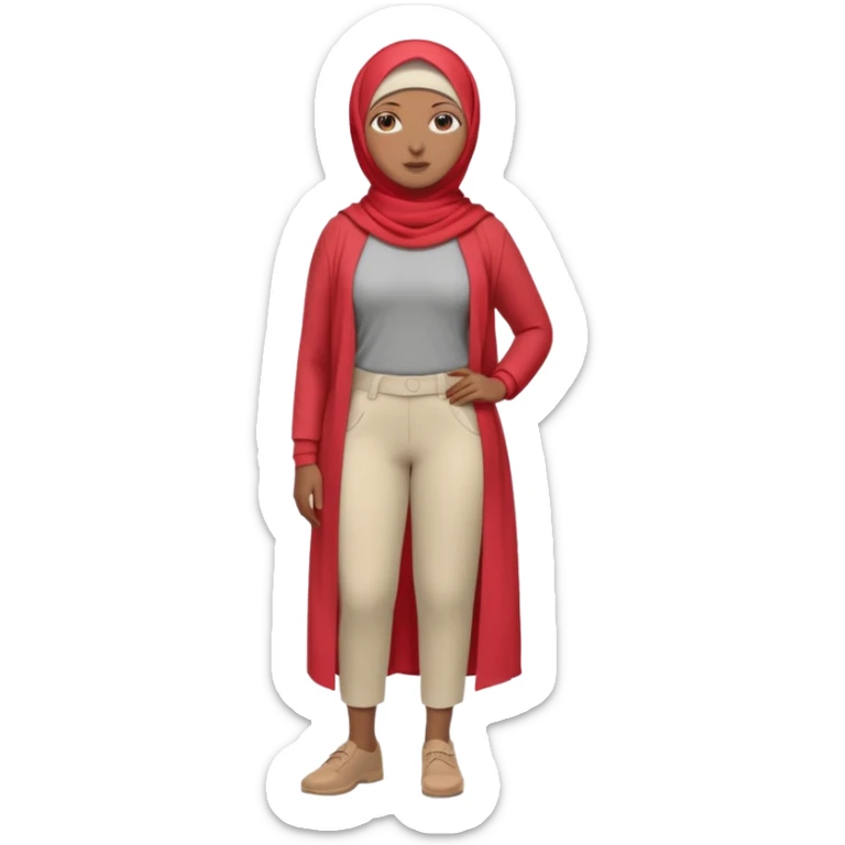 Heavy-set woman with medium-brown skin wearing a light red hijab, cream top, light red pants, tan shoes, and a grey prosthetic leg. Standing confidently with one hand on her hip sticker