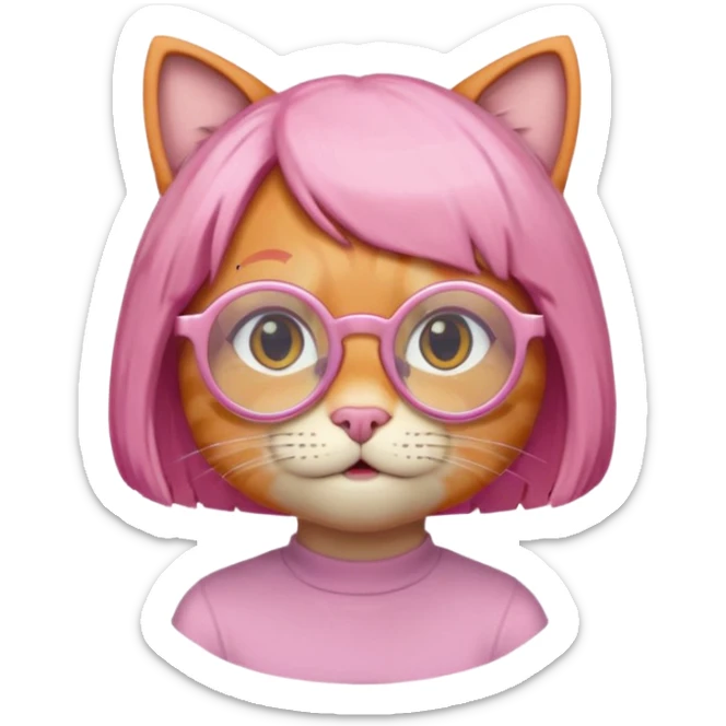 Orange Yellow cat wearing pink bob hair wig, circle glasses sticker