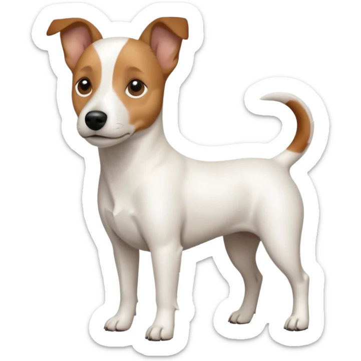 a full body white jack russel looking dog the size of a kelpie with light brown ears and a light brown patch on one eye and a large snout sticker
