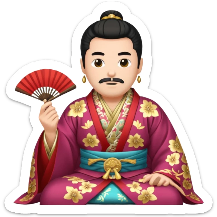 Wealthy warlord in ornate kimono, crest on chest, seated with fan in hand. sticker
