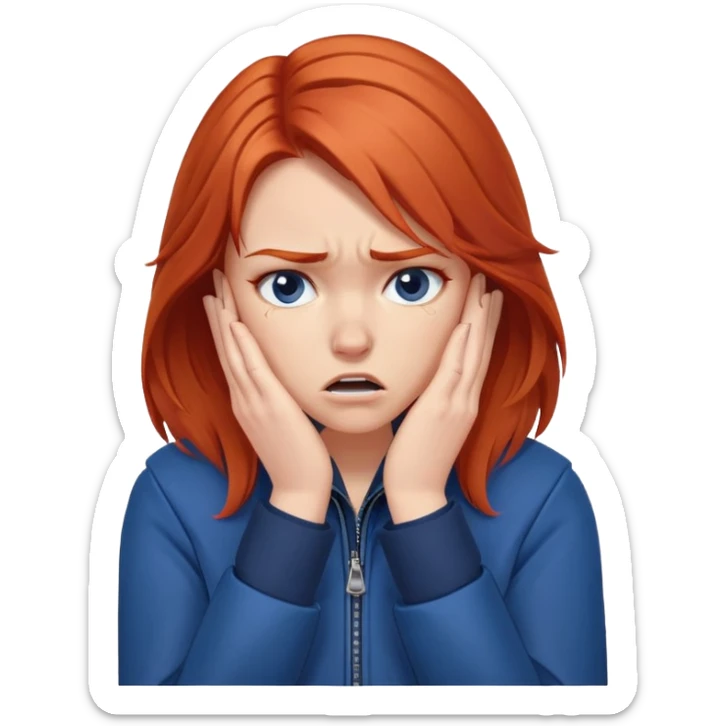 Redhead girl with mid length hair in blue jacket angry facepalm sticker