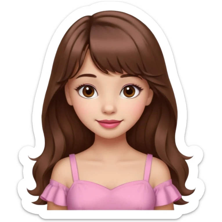 A cute girl with medium skin, soft pinkish cheeks, large bambi dark hazel eyes with long eyelashes, long wavy brown hair with bangs, medium straight nose with a soft tip, medium natural red lips, very feminine and pretty features, wearing a beautiful pink dress.l sticker