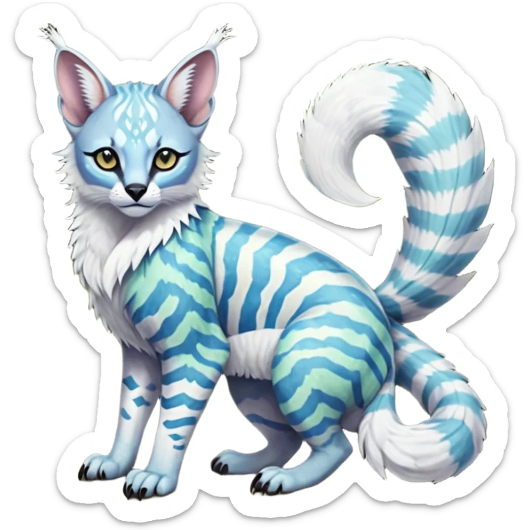 Colorful tropical tribal pale light fruity pastel white glorious iridescent divine exotic cute albino neon vibrant zigzagged cool beautiful fantasy-caracal-civet-genet-sergal-vernid-Gryphon-Cacomistle-Trico-oncilla-animal-Fakémon-hybrid-fursona (full body), facial markings,  sticker
