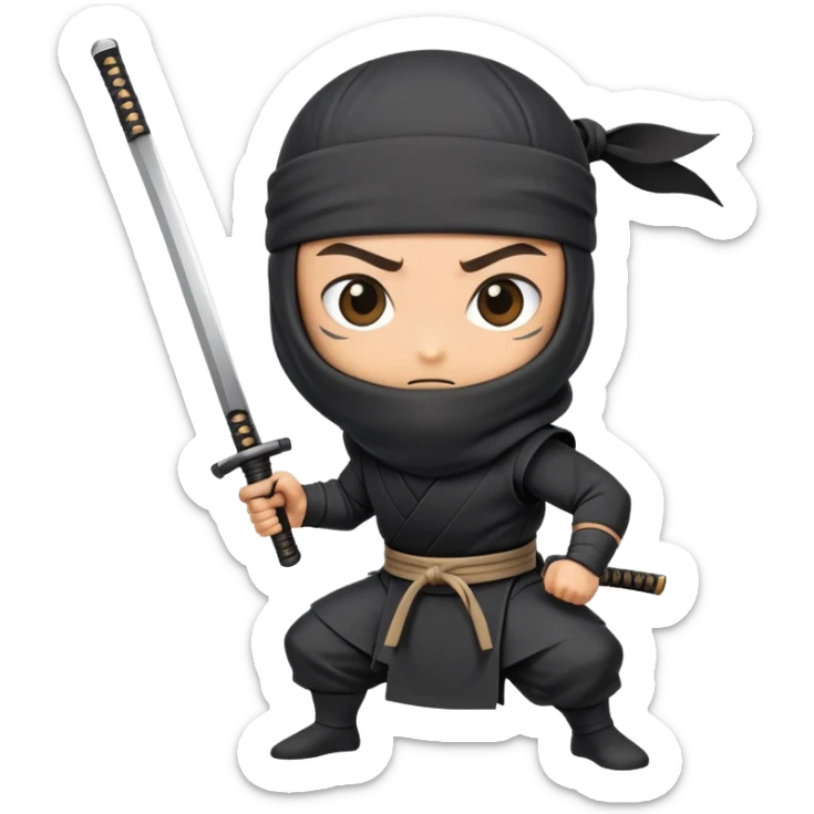 A takeout coffee cup with cartoon eyes, a ninja headband around its lid, and holding a katana in a battle stance sticker