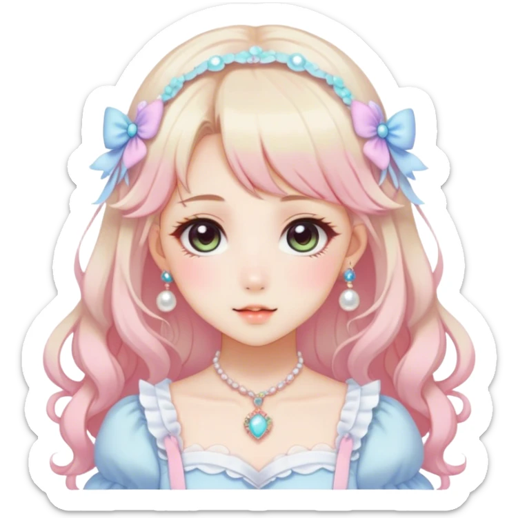Gorgeous anime style lady with blushing face and accessories cottagecore fairycore Kawaii anime colorful pearly romantic aesthetic trending style sticker