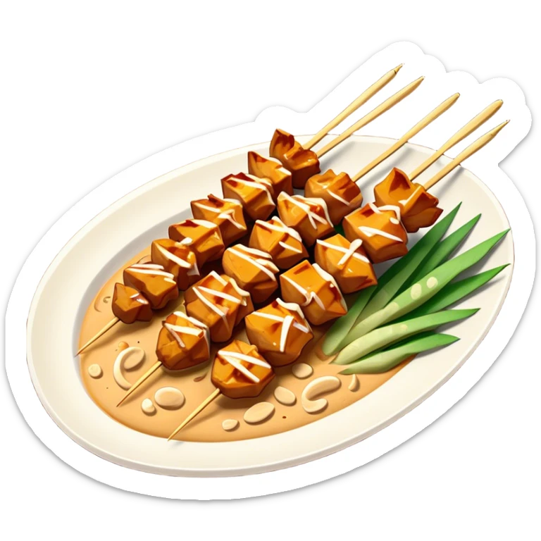 Cinematic Realistic Indonesian Chicken Satay Dish Emoji, depicted as succulent, marinated chicken skewers grilled to perfection with a subtle char, drizzled generously with a rich, creamy peanut sauce that glistens under warm, natural lighting. The vibrant textures of the tender meat and smooth, spicy sauce evoke the authentic flavors of Indonesian street food, rendered with lifelike detail and dynamic, appetizing lighting. sticker