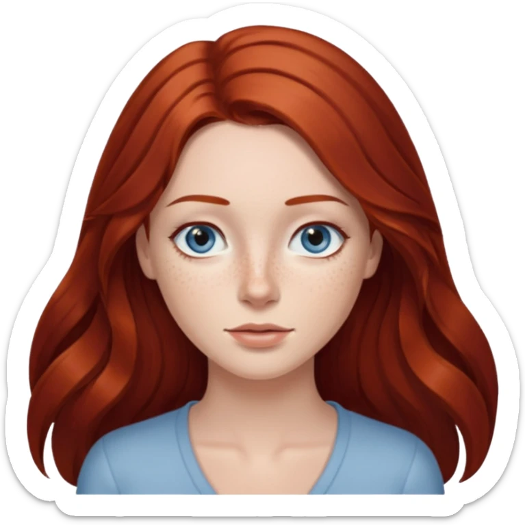 woman with long dark auburn red hair that is mostly straight but has slight waves to it. grey blue eyes. some freckles sticker
