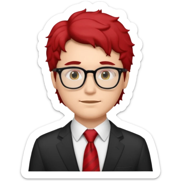 white man in white shirt, having red tie, black wavy hair, wearing glasses sticker