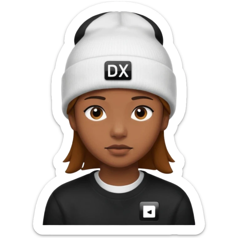wearing a white beanie with an black square logo with the word "DX" written on it.

 sticker