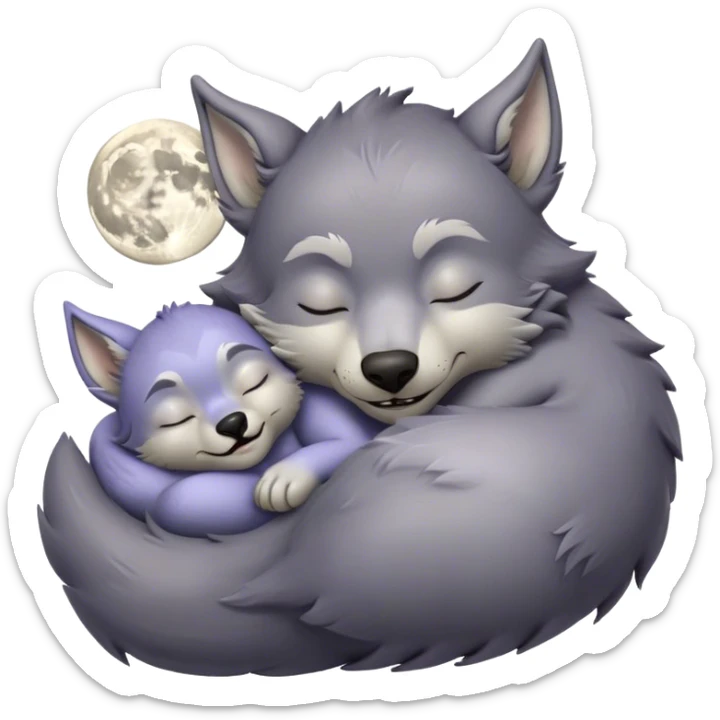 Meme-Worthy Cute Sleeping Werewolf Portrait Emoji, with a cuddly, miniature lupine form in soft moonlit grays and silvers, head resting peacefully with gently closed dreamy eyes and a small, content smile, simplified yet irresistibly endearing, highly detailed with a soft glowing outline that captures the cozy, sleepy essence of a werewolf after frolicking under the full moon! sticker