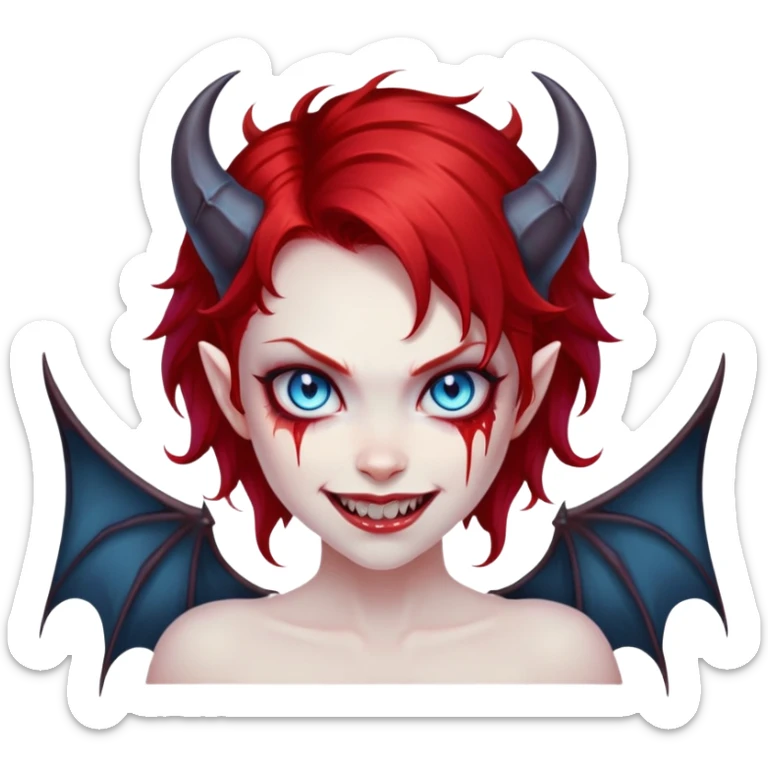 extremely diabolical girl with demonic bat wings, blood red hair, glowing blue eyes, black hellfire aura, sharp horns, evil grin sticker