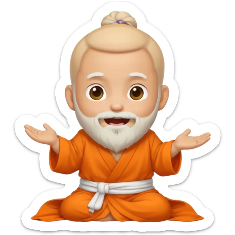 Chibi Aacharya emoji, white beard and bun, orange robe, laughing with tears of joy, cute sticker style, transparent background, PNG sticker