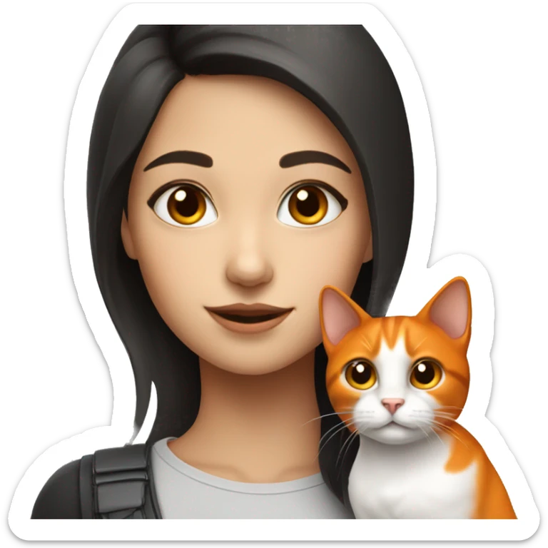 Brunette girl with tricolor cat black white and orange sticker