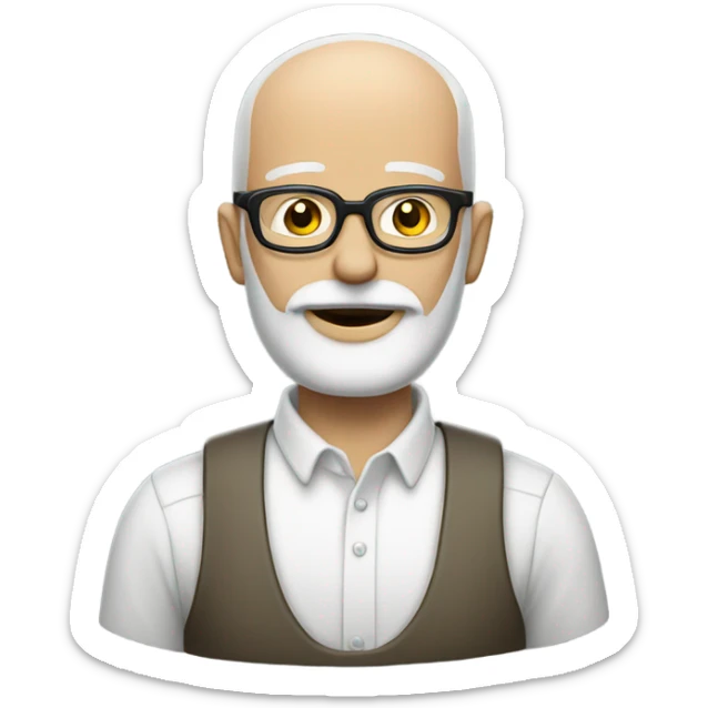 Bald white man with a salt and pepper beard and crooked glasses sticker