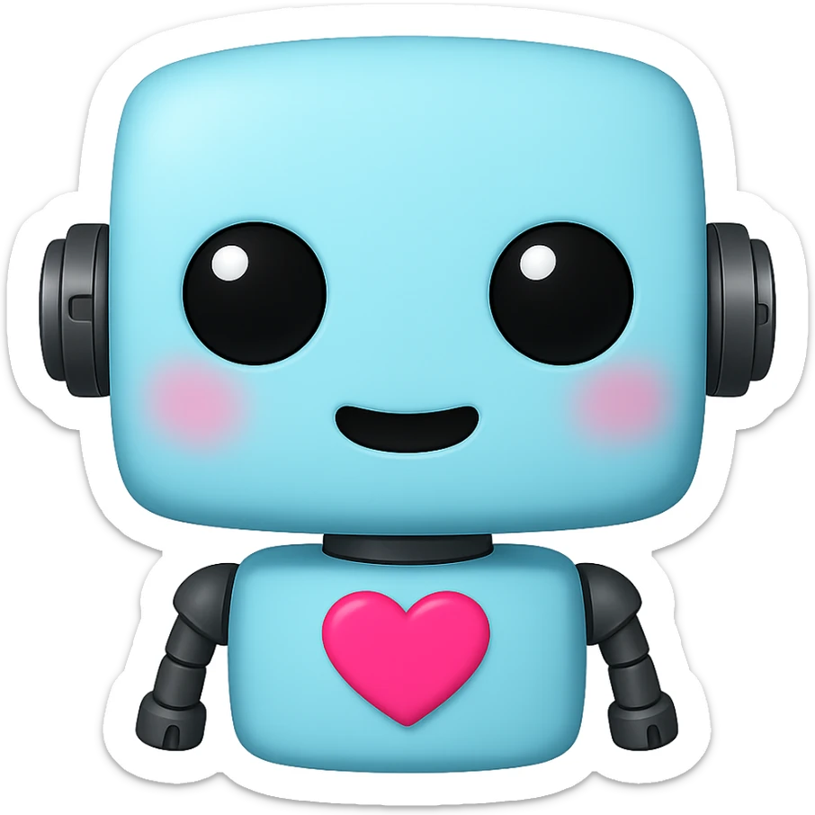 Create a transparent PNG of a cute light blue (#b0f2f8) robot with a heart on its chest, blushing, in the style of an Apple emoji. Remove the background and keep the robot's light blue color and cute features. sticker