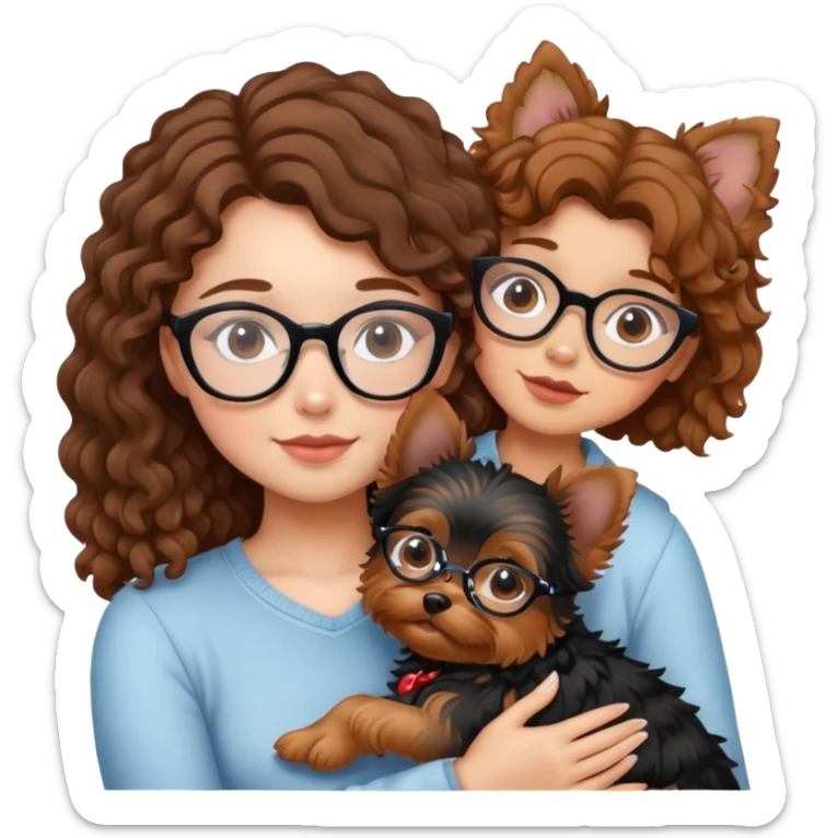 Girl with brown curly hair wearing glasses cuddling with a cute yorkie sticker