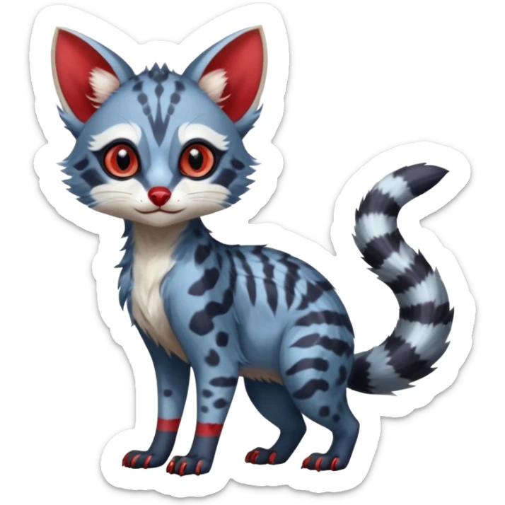 White and blue and red Asian painted anime-styled big-eyed shiny glorious divine marked exotic cool beautiful realistic Lykoi-civet-genet-sergal-oncilla-animal-Fakémon-hybrid-fursona (full body) sticker