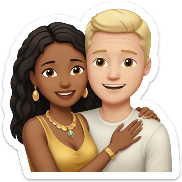 interracial couple. Black smiling woman with nice jewelry. White man crying with his arm around her shoulder. sticker