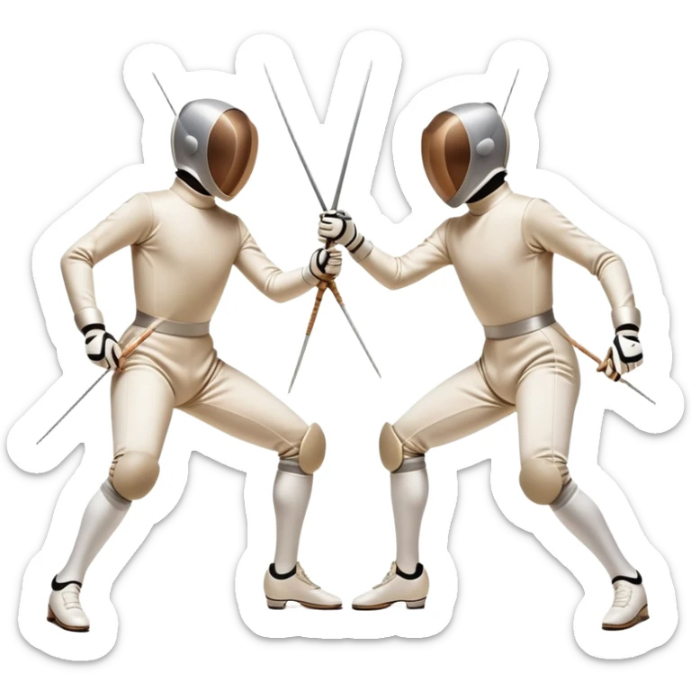 Two fencers in symmetrical stances, with crossed épées in front of them. Their forms are elegant and precise, showcasing the balance and strategy of fencing. The background features a blurred fencing piste, with subtle motion lines to emphasize the elegance and speed of the sport. sticker