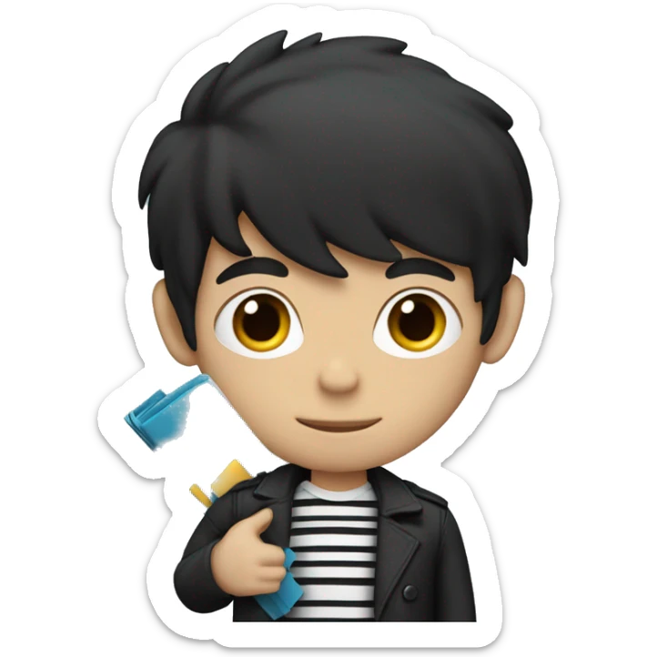 a guy with black hair in a striped T-shirt and a black jacket holds a folder sticker