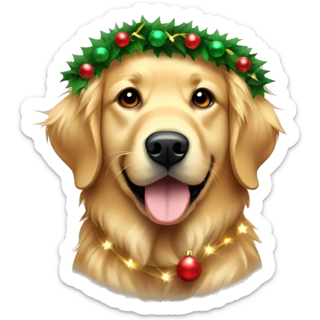 Golden retriever wearing a Christmas wreath lights around his neck sticker