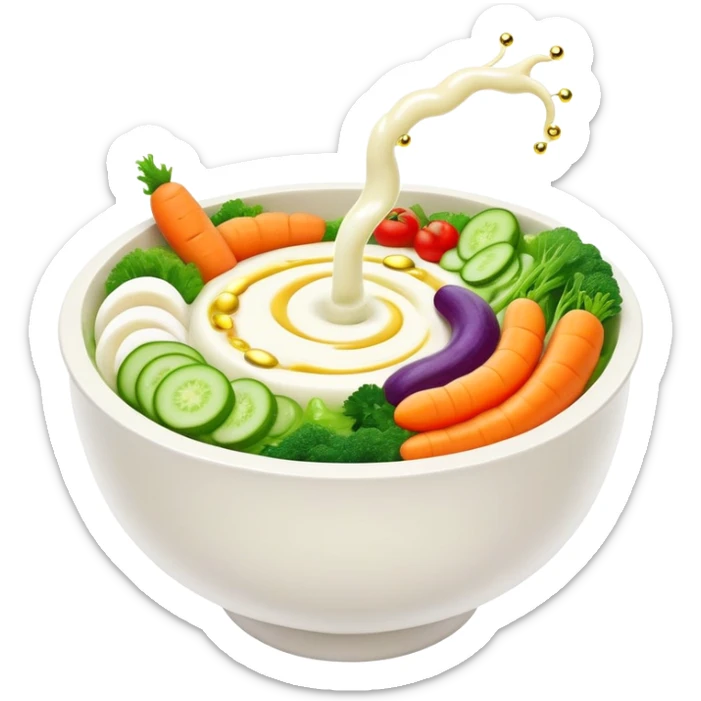 Bowl of glowing white yogurt and colorful fermented vegetables floating around a luminous spiral intestine. Golden bubbles and green particles flow from the intestine, representing beneficial bacteria creating harmony and strengthening immune defenses. sticker