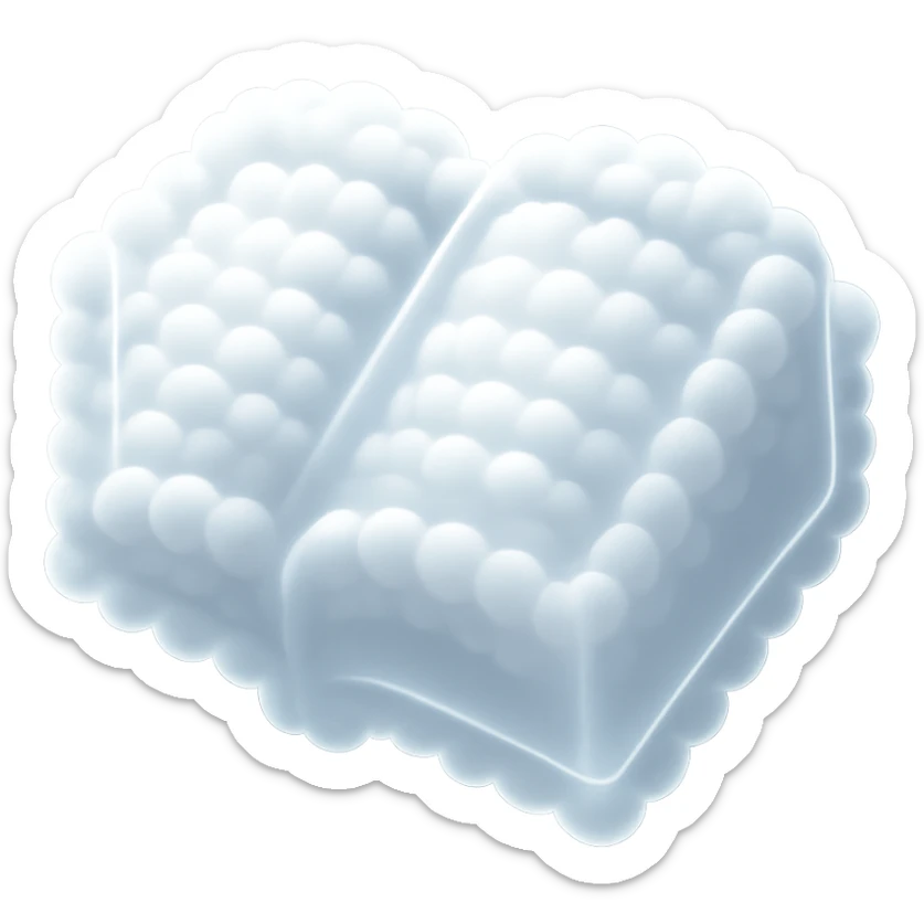 top view of a thick open book made entirely of small, very bright white fluffy convex clouds, matte glass style sticker