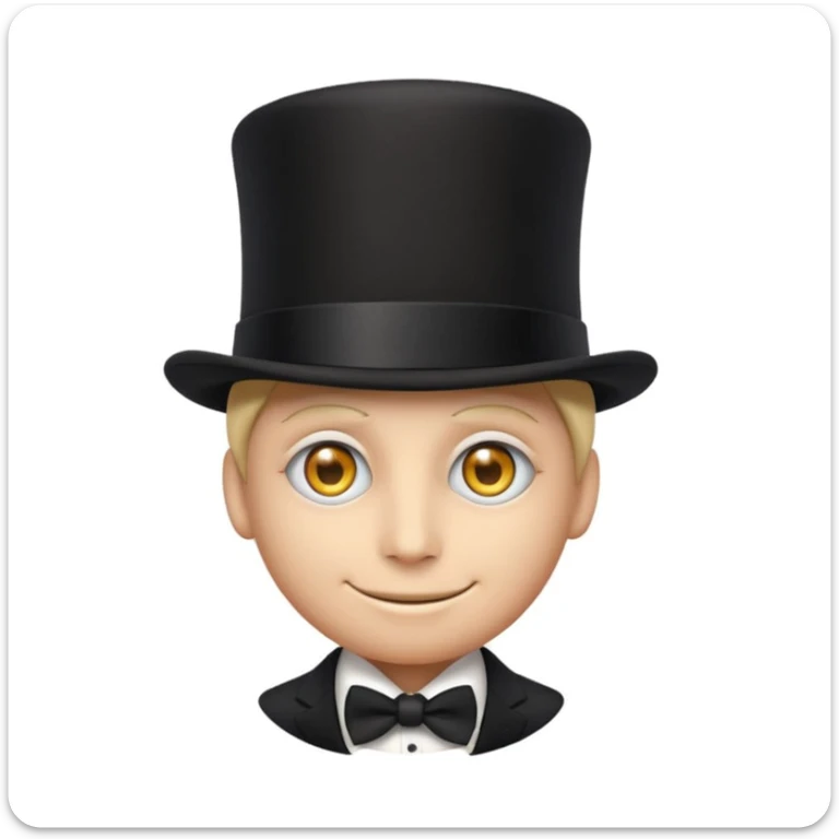 understated elegant emoji character in a black suit and top hat, subtle all-seeing eye pin, mysterious smile, dark exclusive background evoking secrecy and power sticker
