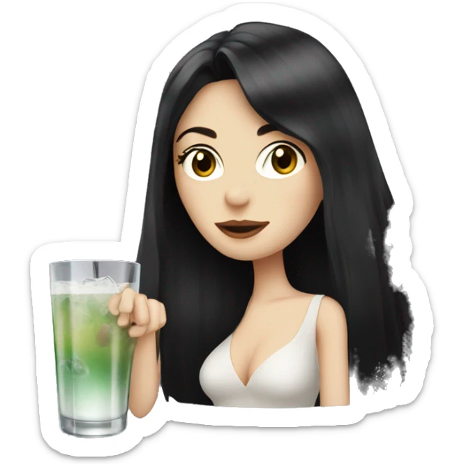Pale girl with long black hair drinking cocktails  sticker