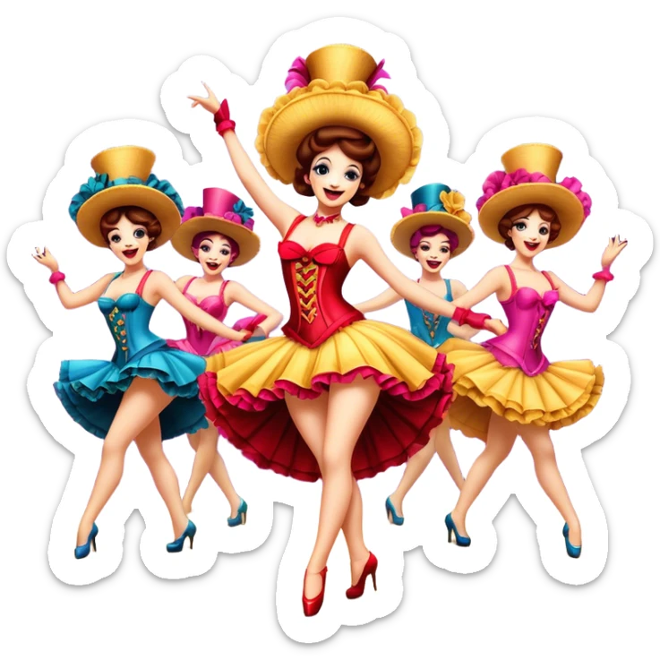 Cinematic Realistic Can-can Dance Emoji, depicted as a lively cabaret dance scene with flouncy costumes and dynamic energetic movement, rendered with vibrant textures and playful theatrical lighting that captures the spirit of French cabaret. sticker