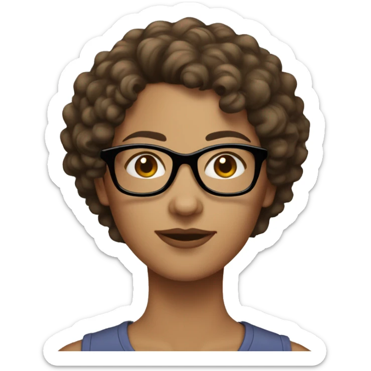 A women with brown short curly hair, light skinned, full cheeks and black glasses sticker