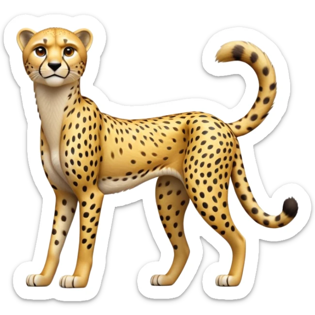 cinematic-cheetah-realistic-full-body-standing-emoji,-slim-and-athletic-frame-poised-for-action,-long-tail-curving-slightly,-head-tilted-dramatically,-sleek-golden-fur-with-black-spots,-piercing-amber-eyes,-simplified-yet-realistic-focused-features,-highly-detailed,-glowing-with-an-almost-sarcastic-glow sticker