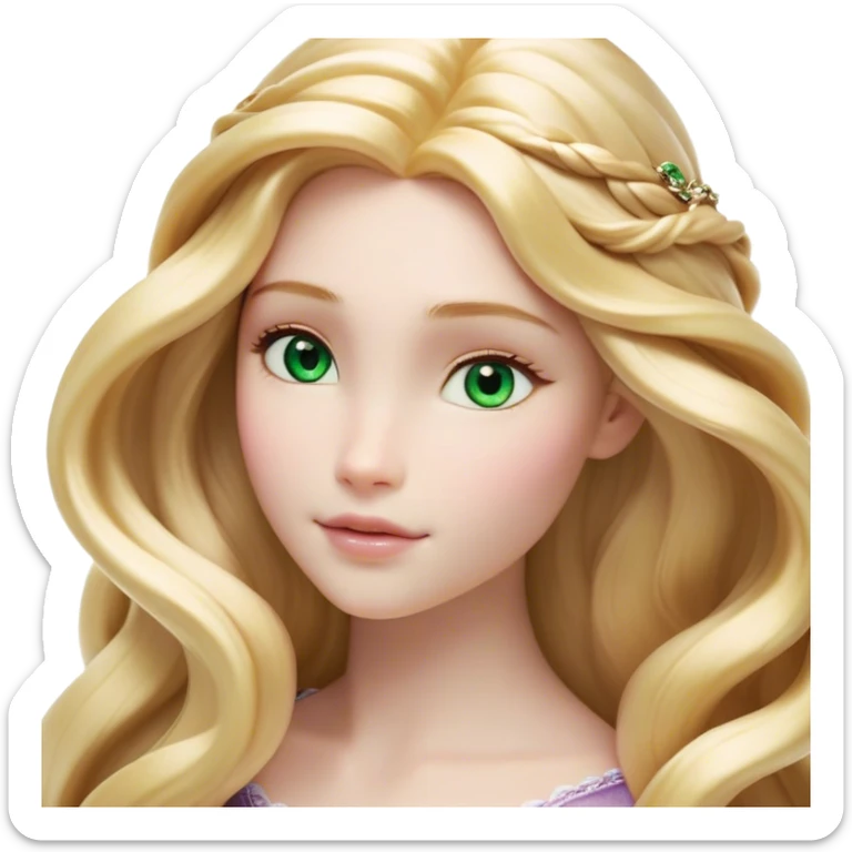 Cinematic Realistic Rapunzel Portrait, with porcelain-like skin featuring a subtle, natural glow, illuminated by soft lighting that brings out the gentle contours of her face. Her long, golden blonde hair cascades in detailed waves, each strand highlighted with a radiant shimmer as it catches the light. Her bright, expressive green eyes exude curiosity and warmth, framed by delicate lashes and soft, arched brows. Her expression is playful and vibrant, with a gentle smile. She is dressed in her classic lavender and pink gown, the fabric textured with delicate folds that flow naturally, catching the light with a soft, radiant glow. The portrait captures a luminous, enchanting aura, seamlessly blending realism with a whimsical, fairytale charm, evoking a timeless sense of beauty and magic. sticker