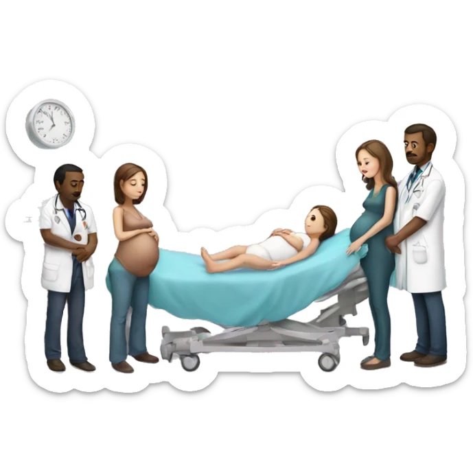 a pregnant woman gives birth and doctors stand nearby sticker