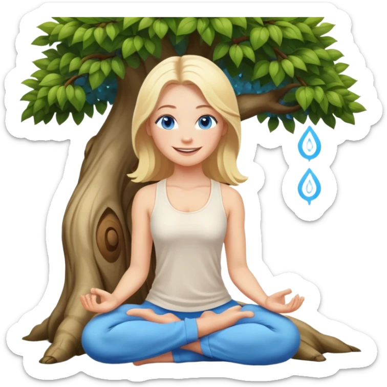 blonde white woman with blue eyes and a big smile meditating next to a tree sticker