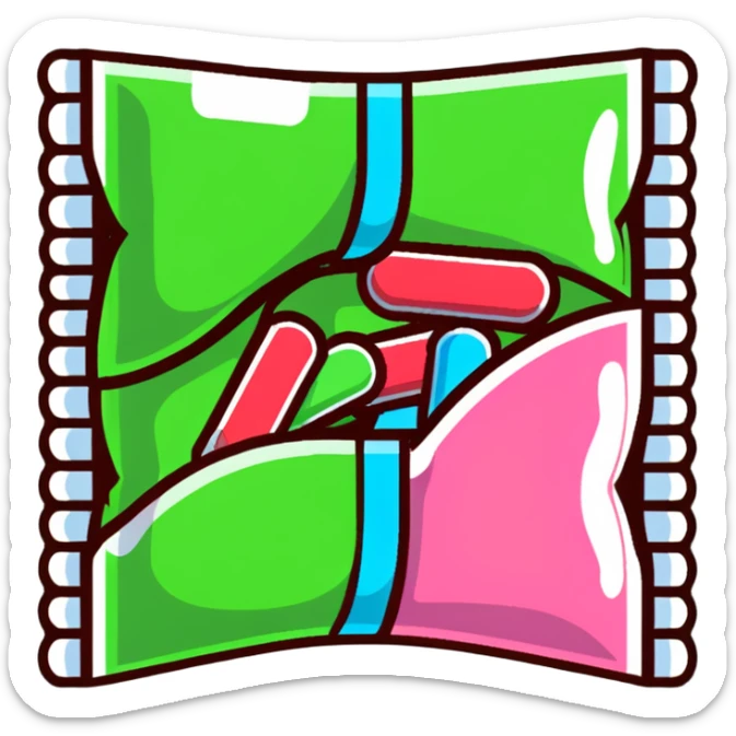 a pack of chewing gum with some pieces coming out, colorful gum sticks sticker