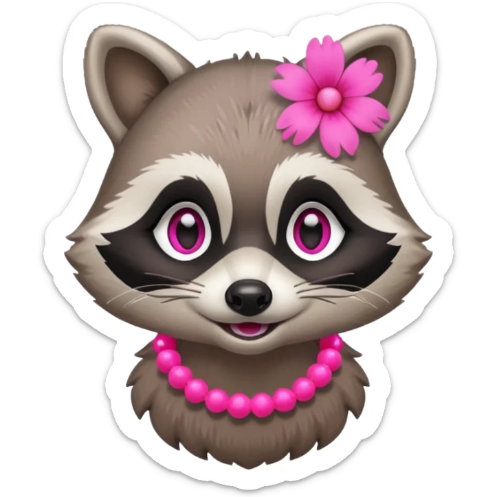 A playful raccoon wearing a neon-pink flower necklace, looking festive. sticker