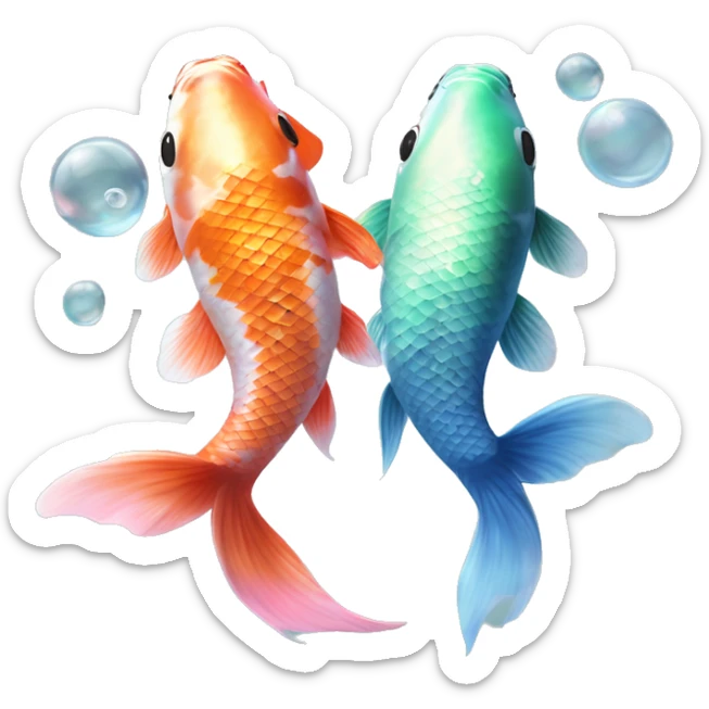 Two realistic koi fish, one green & blue, the other pink & white, swimming in opposite directions, ying yang, Pisces fish, cloudy, water, dreamy, bubbles, iridescent sticker