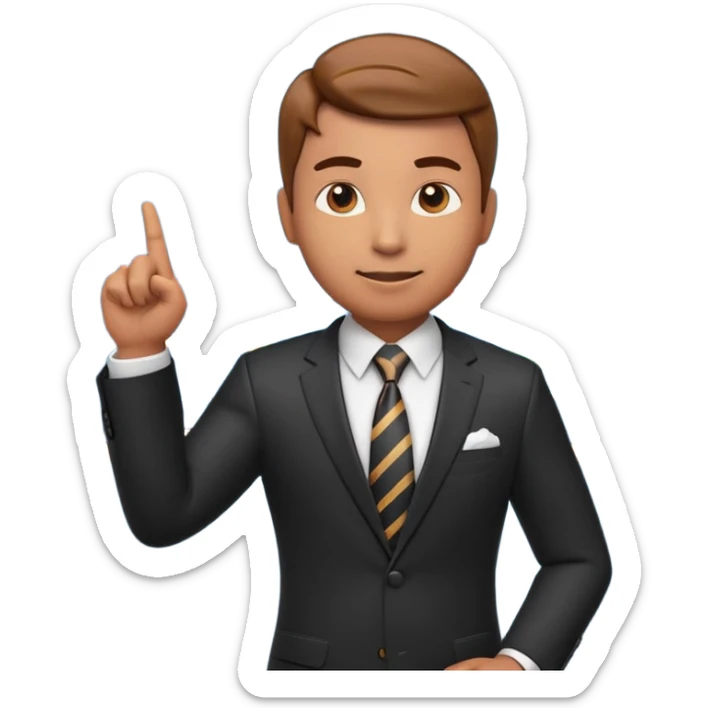 A stylized 3D emoji icon of a male financial analyst in a sharp formal suit and tie. He has a confident, speaking expression and is pointing his finger back towards a large digital screen behind him. The screen is glowing with complex financial line graphs, upward arrow trends. sticker