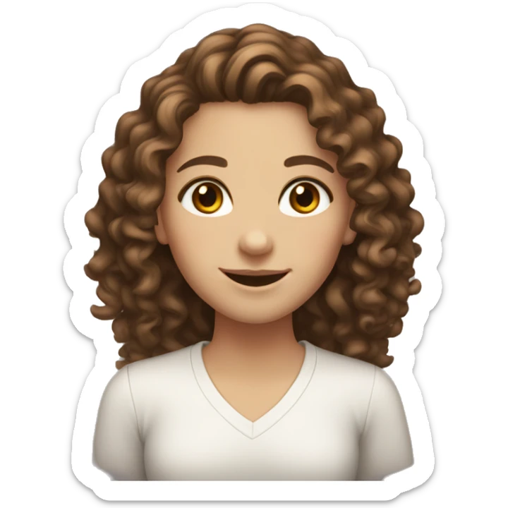 a white girl with brown curly long hair, brown eyes and smiling  sticker