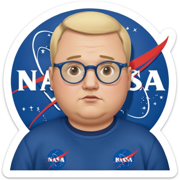 miffed and sad chubby man, with blond short and hight receding hairline, wears a dark blue nasa sweatshirt, nasa logo on the breast, round glasses, 40 years old sticker