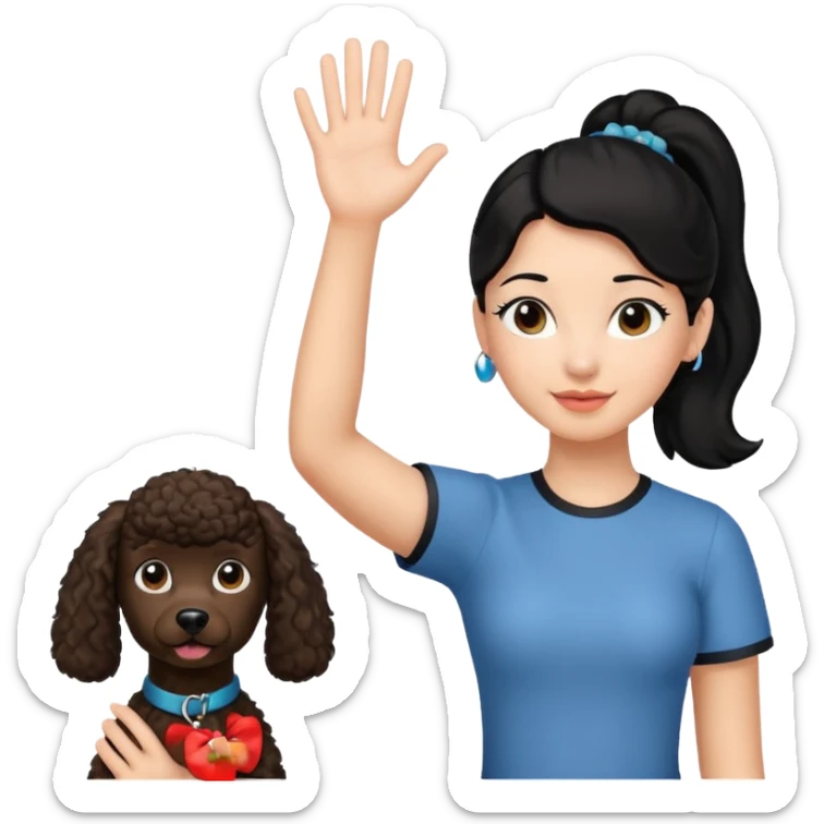 Ponytail black hair girl with brown Poodle say goodbye  sticker