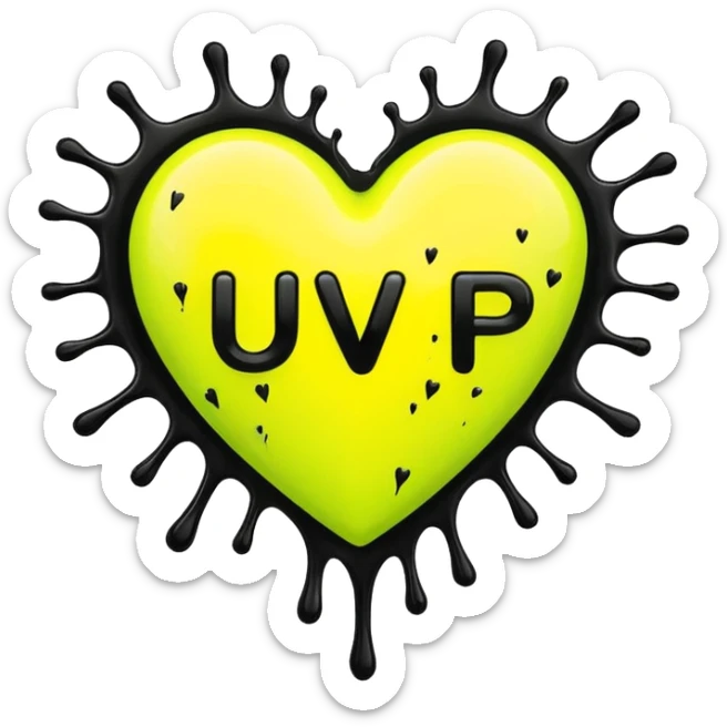 A neon yellow heart with black splashes and The text UVP in the heart sticker