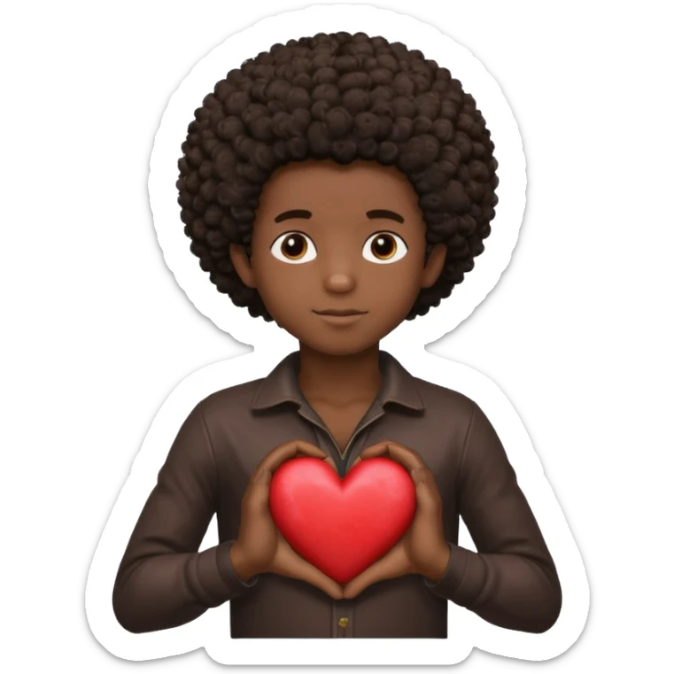 I want a black boy with chocolate skin and a small messy afro holding a heart with the name “Aja” in black close to his chest with his hands over the heart as if to present it to someone he loves. sticker