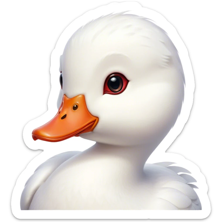 Cinematic Cute White Duck Portrait Emoji, Head tilted playfully and inquisitively, featuring a glossy, immaculate white plumage with a charming red bill, round, sparkling eyes filled with curiosity, Simplified yet irresistibly adorable features, highly detailed, glowing with a warm, friendly glow, high shine, affectionate and lively, stylized with a touch of whimsical charm, bright and endearing, soft glowing outline, capturing the essence of a mischievous yet loving duck, so playful it feels like it could waddle out of the screen and into your arms! sticker