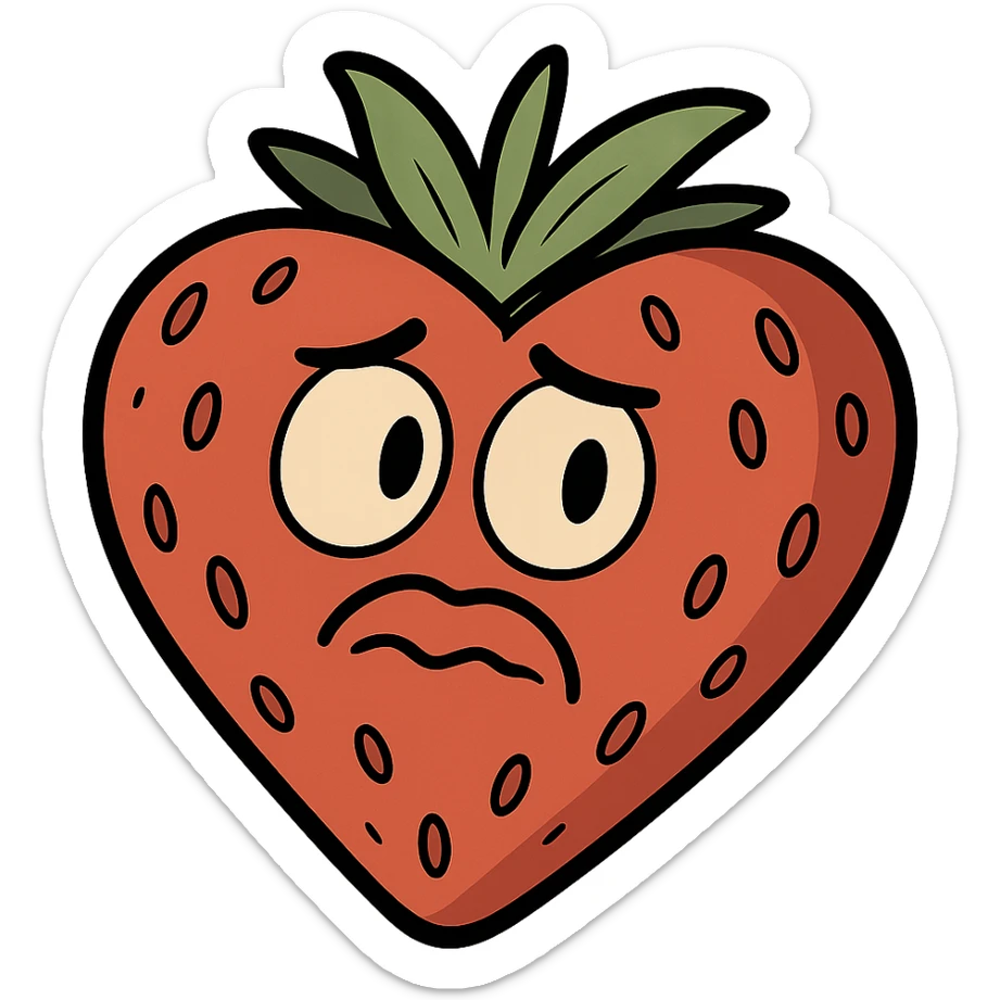 heart-shaped strawberry, cartoon style, bright red, green leaves, simple shading sticker