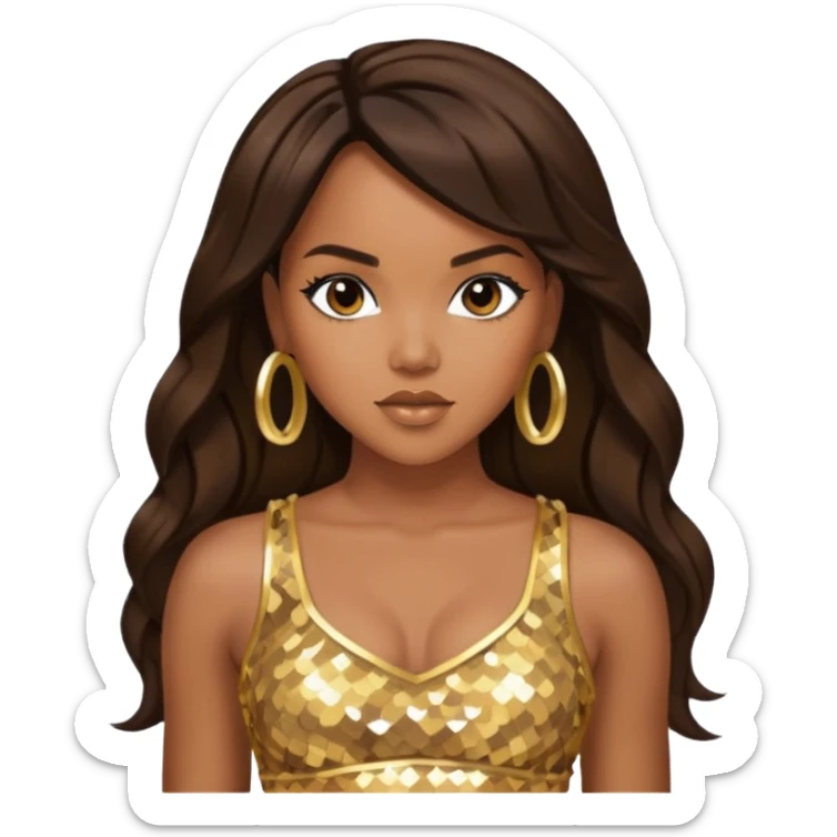 LeToya Luckett with long dark brown hair, gold sequin crop top  sticker