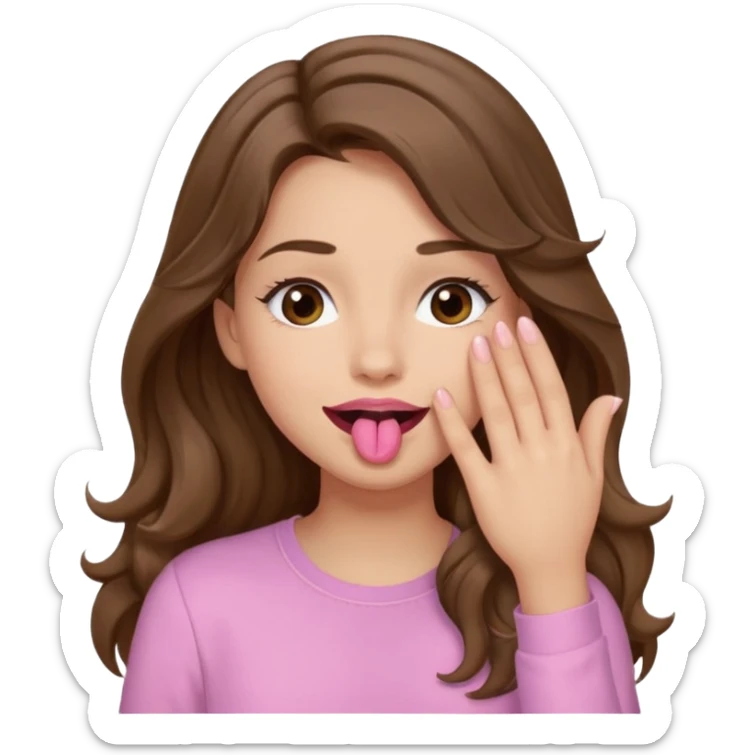 girl with wavy long brown hair, brown eyes, light to medium complexion, long lashes, light pink lipstick, wearing light pink shirt, sexy, gigling hand covering mouth sticker