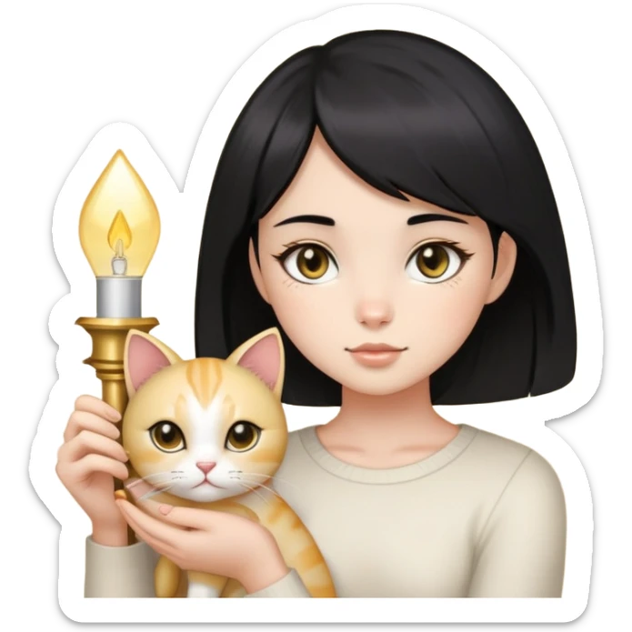 black hair girl with black eyes with light gold cat sticker
